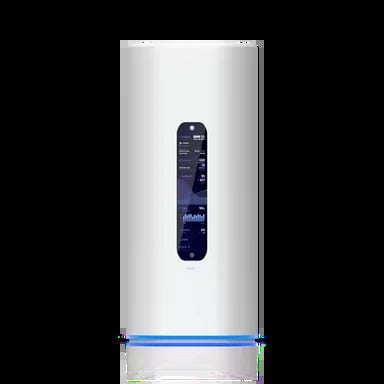 White cylindrical smart home device with digital display panel and blue accent light at base