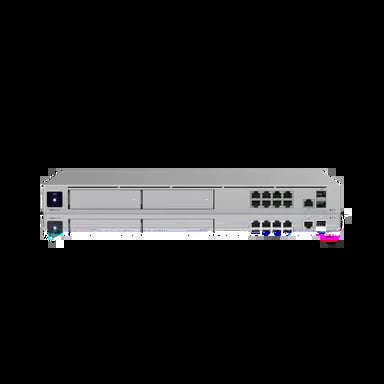 Rack-mounted network switch with multiple Ethernet ports and status indicator lights on the front panel