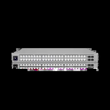 Two stacked network switch devices with multiple Ethernet ports and management interfaces