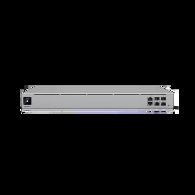 Rack-mounted network switch with gray chassis, front power button, and multiple Ethernet ports on right side