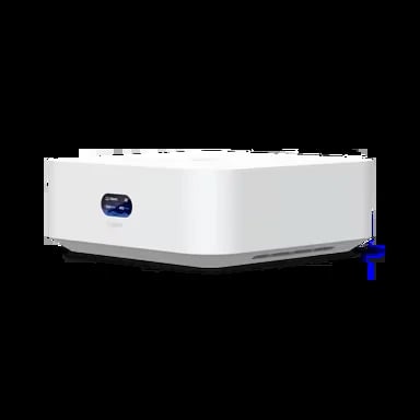 White portable projector with small blue display panel on the front and power cord