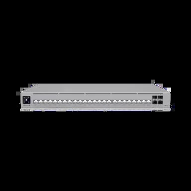 Gray network rack-mounted switch with multiple RJ45 ports and indicator lights