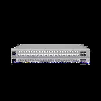 Two stacked network patch panels with multiple ports and connection interfaces for professional data center or telecommunications setup