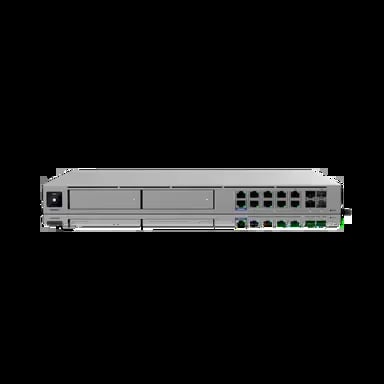 Rack-mounted network switch with multiple Ethernet ports and status indicator lights on front panel