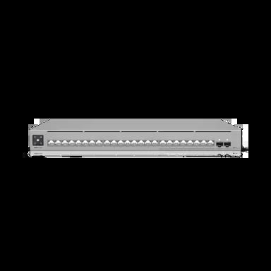 Rack-mounted network switch with multiple ports and indicator lights on the front panel
