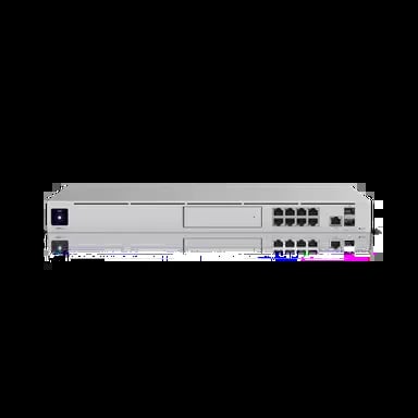Rack-mounted network switch with multiple Ethernet ports and status indicators on front panel