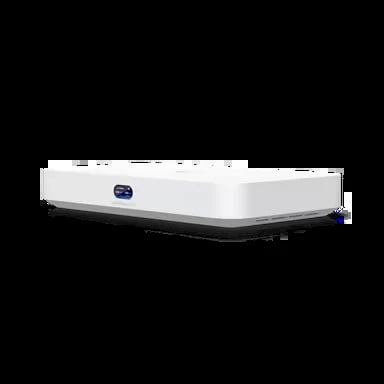 White and gray mattress with blue brand logo displayed at an angle against black background
