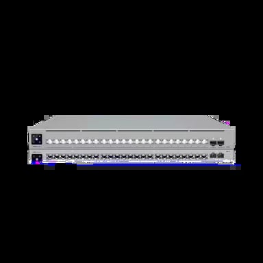 Two stacked network patch panels or switches with multiple ports, shown in gray and blue colors