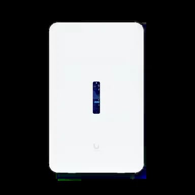 White WiFi access point with blue indicator light and Ubiquiti branding on black background