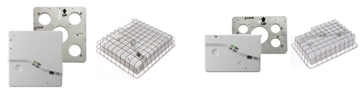 Four industrial metal components including plates with mounting holes and gridded packaging trays shown from different angles