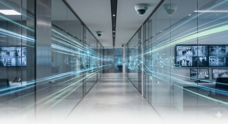 Modern glass corridor with digital displays and network connections on walls, representing technology and connectivity in a corporate environment