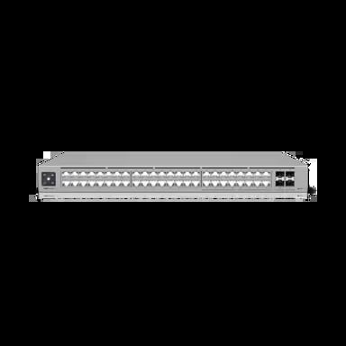 Network switch with multiple ports and status indicators in rack-mount silver chassis