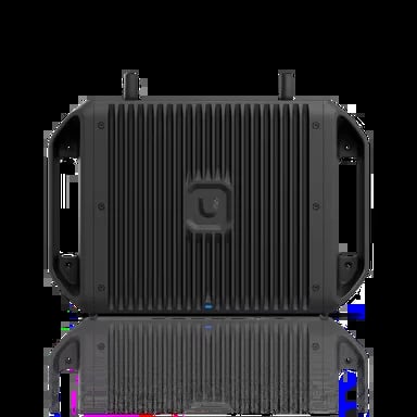 Black industrial computer case with vertical ribbed vents, carrying handles on sides, and antenna posts on top