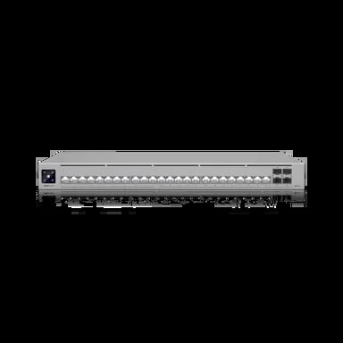 Gray rackmount network switch with multiple ports and LED indicators on dark background