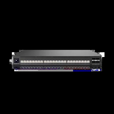 Rackmount network switch with multiple ethernet ports and blue illuminated indicators on front panel