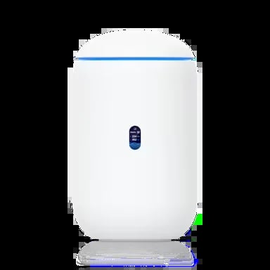 White cylindrical air purifier with blue trim and digital display on front