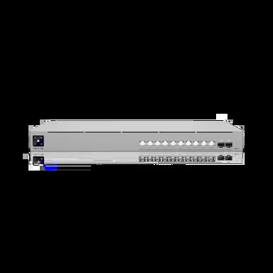 Network rack-mount server or switch with multiple ports and blue indicator light on front panel