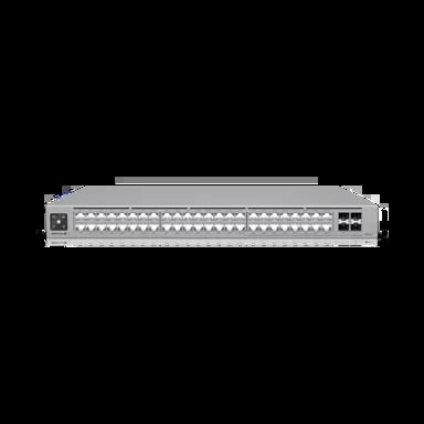 Rackmount network switch with multiple Ethernet ports and status indicators on gray metal chassis