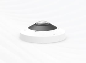 White and gray dome security camera mounted on ceiling on white background