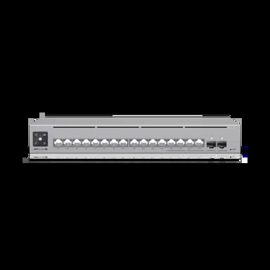 Gray rack-mounted audio interface with multiple white knobs and connectors along the front panel